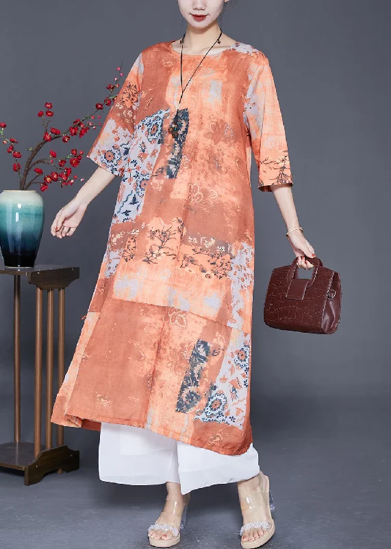 high-waisted dressArt Orange Print Side Open Linen Long Dress Summer