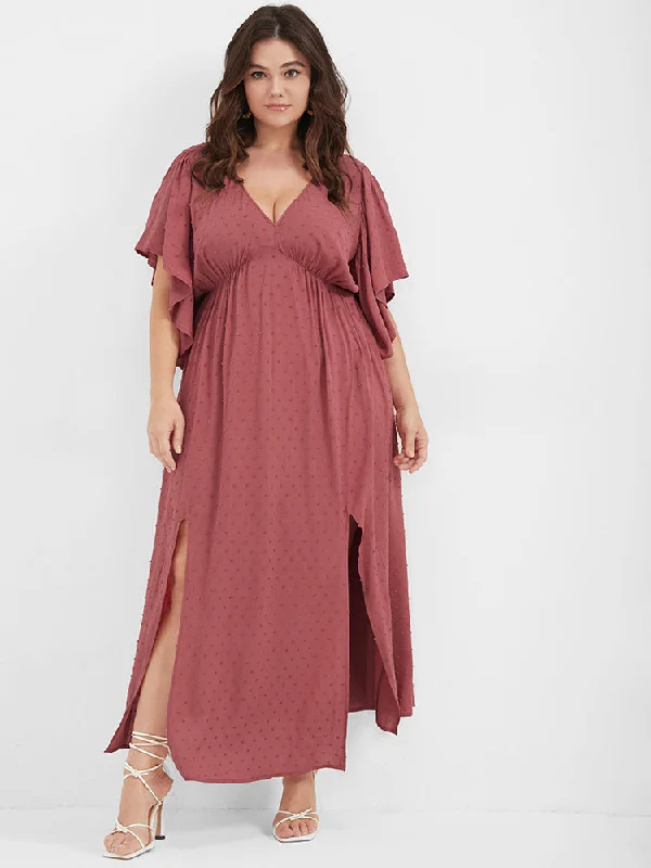 summer dressSolid V Neck Ruffles Split Embroidered Maxi Dress