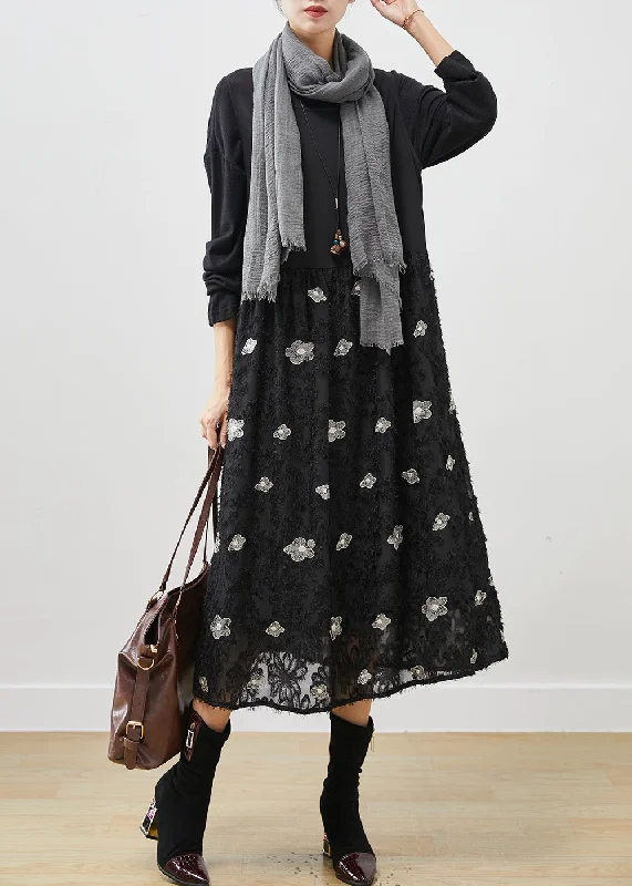 winter dressStylish Black Floral Exra Large Hem Cotton Maxi Dresses Spring