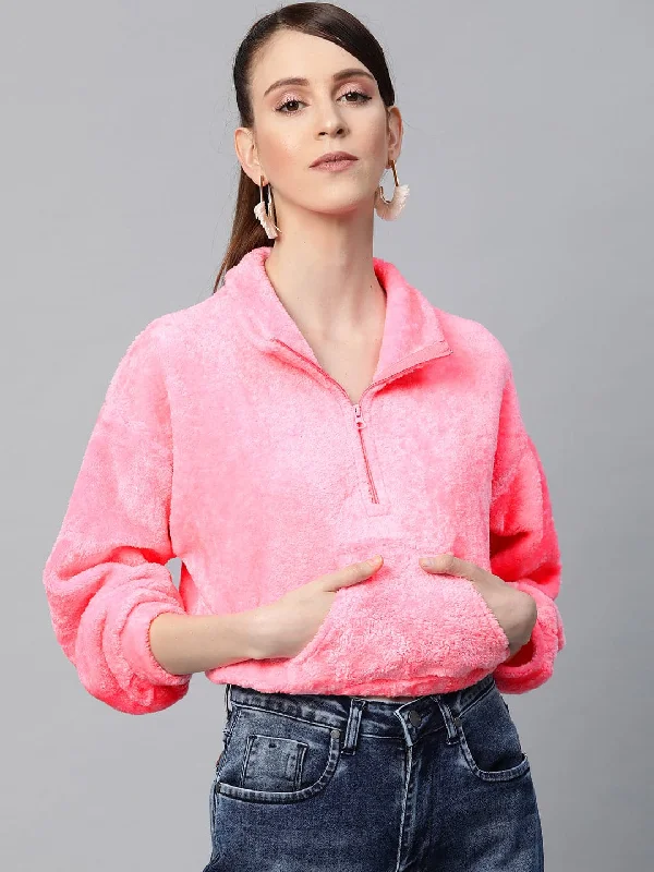 graphic gym sweatshirtPink Kangaroo Pocket Faux Fur Crop Sweatshirt