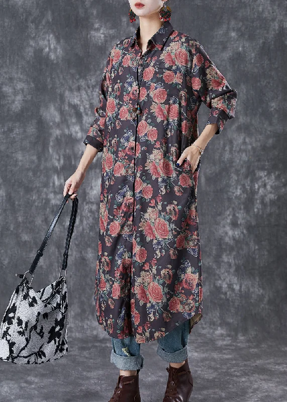 wool dressFrench Black Oversized Rose Print Cotton Shirt Dresses Fall