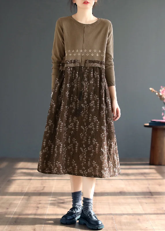 high-waisted dressBeautiful Coffee O Neck Print Patchwork Knitting Dress Fall