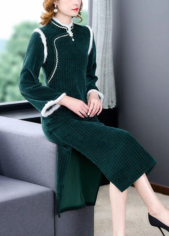 flowy dressUnique Green Patchwork Side Open Thick Velour Maxi Dress Long Sleeve