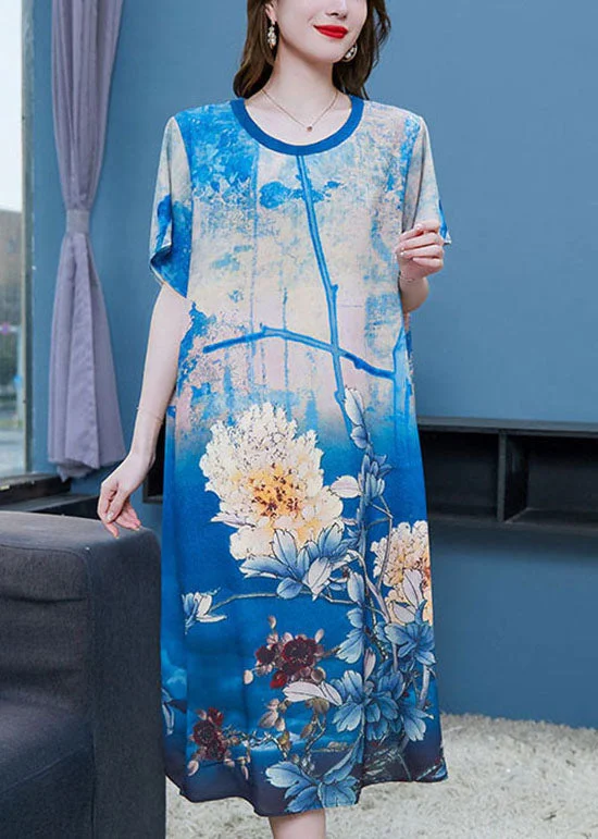 luxury dressStyle Blue O Neck Print Patchwork Chiffon Dresses Summer