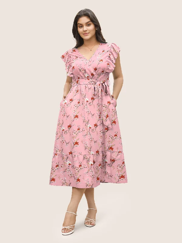 satin midi dressDitsy Floral Flutter Trim Pocket Layered Hem Dress