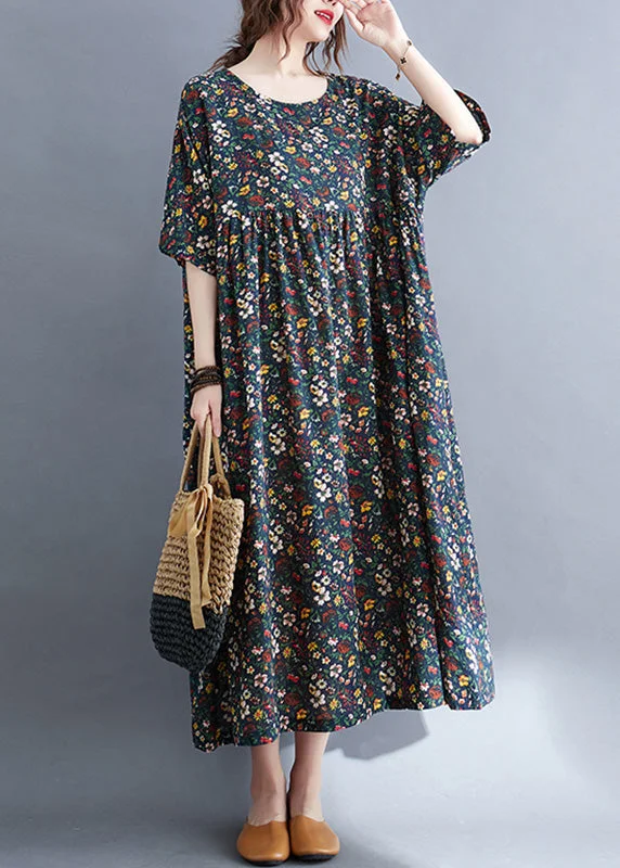 statement dressVintage Navy O-Neck Patchwork Cotton Party Maxi Dress Summer