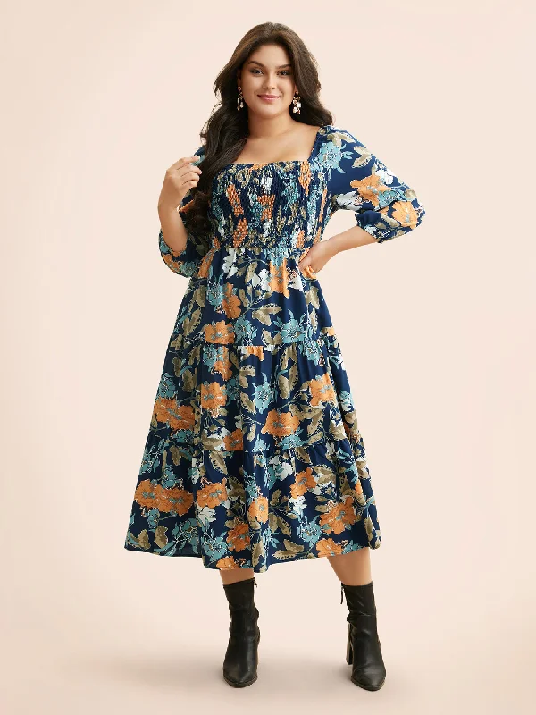 draped dressSquare Neck Floral Shirred Midi Dress