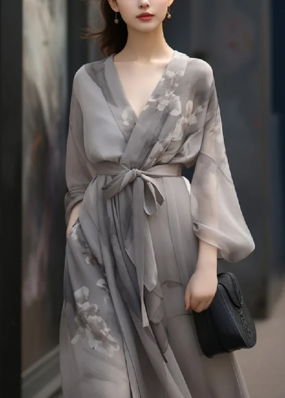 relaxed fit dressChinese Style Grey V Neck Print Tie Waist Patchwork Chiffon Dress Fall