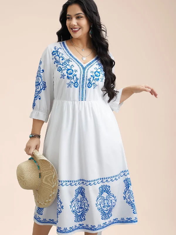 puff sleeve dressBoho Print Waist-Defined Ruffle Midi Dress