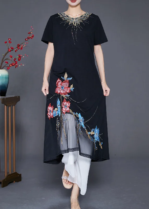 ruched dressBoutique Black Embroideried Floral Patchwork Tulle Cotton Vacation Dresses Summer