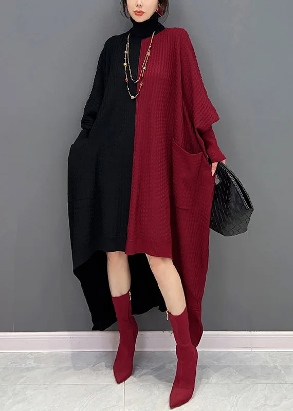 stylish dressWomen Red Black Hign Neck Asymmetrical Patchwork Knit Dresses Batwing Sleeve