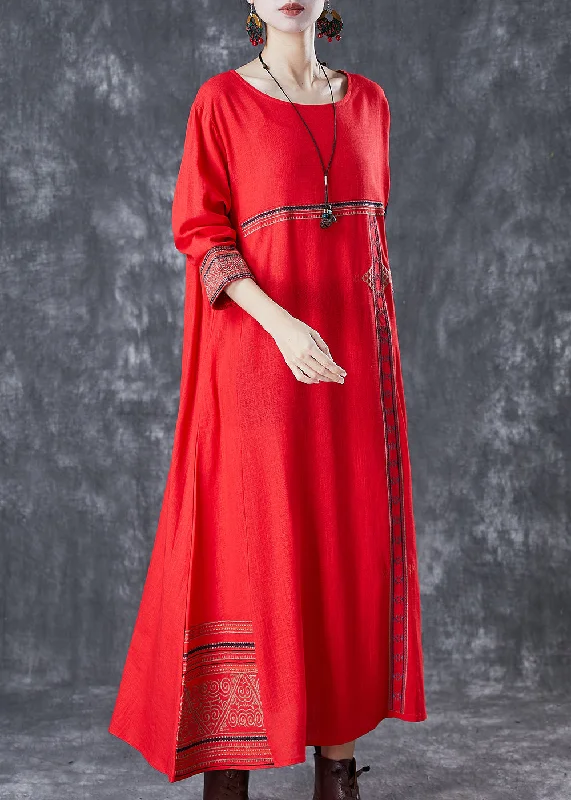 denim dressRed Patchwork Linen Maxi Dresses Embroidered Spring