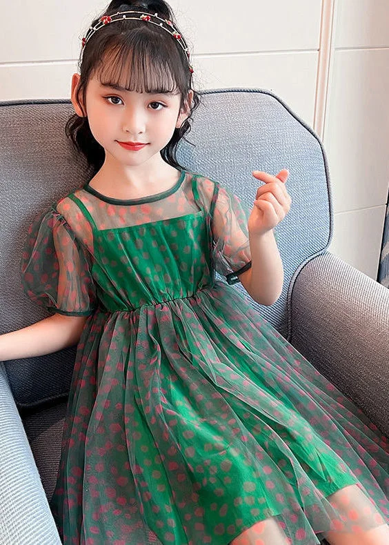 wrap dressUnique Green O-Neck Dot Patchwork Tulle Girls Long Dress Summer