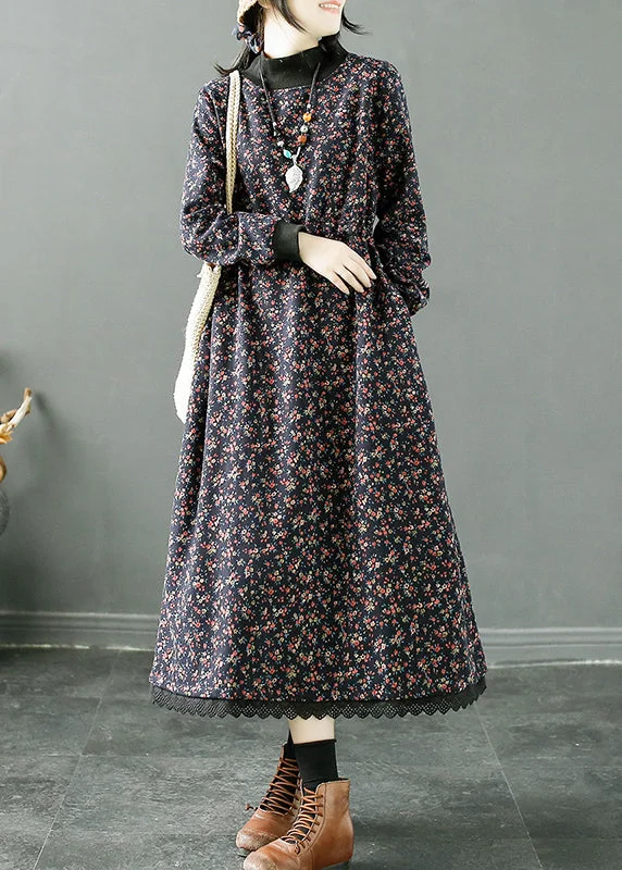 pleated maxi dressWomen Navy Print Lace Up Patchwork Fleece Long Dress Winter