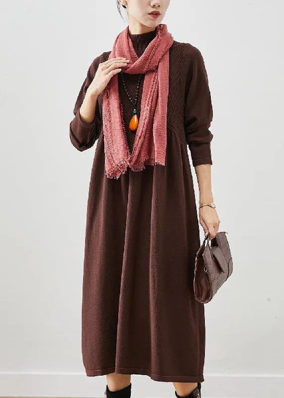 playful dressElegant Chocolate Stand Collar Knit Holiday Dress Spring