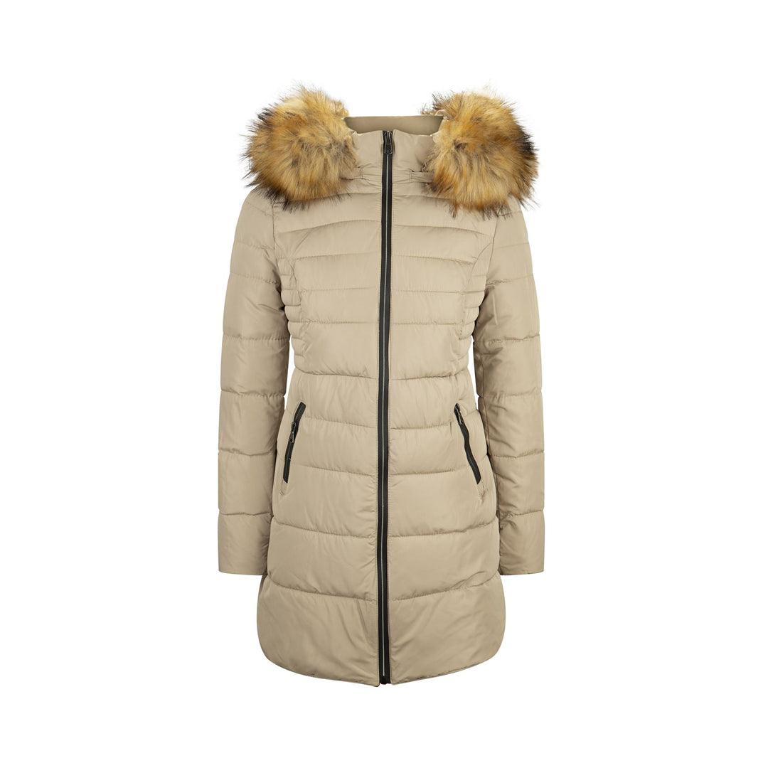 padded puffer coatLadies 3/4 Parka Jacket Fur Hood Zipped Padded Puffer Black Beige Winter