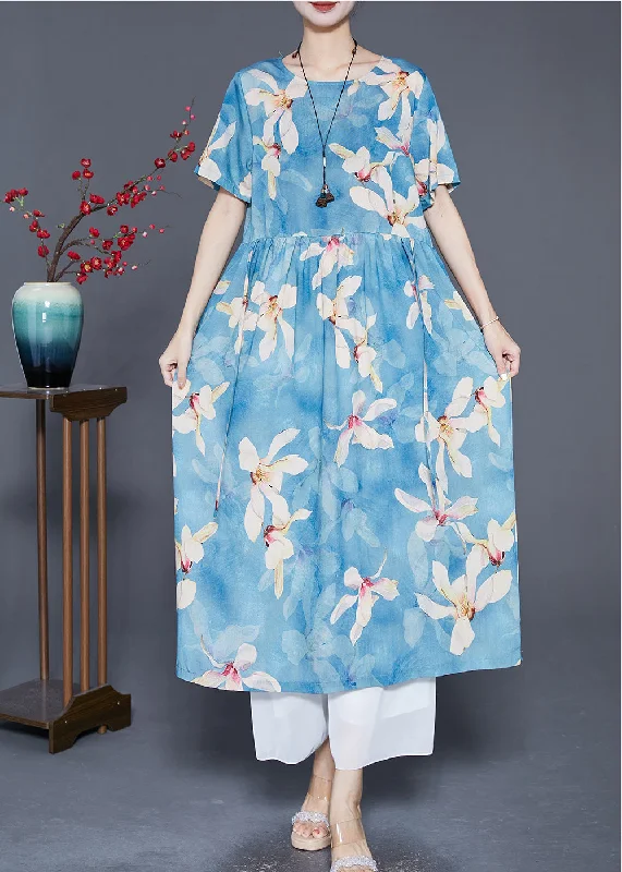 elegant maxi dressWomen Blue Print Exra Large Hem Linen Vacation Dresses Summer