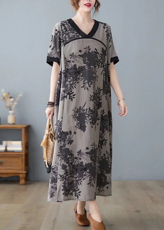 shift dressWomen Grey Print Patchwork Maxi Dresses Short Sleeve