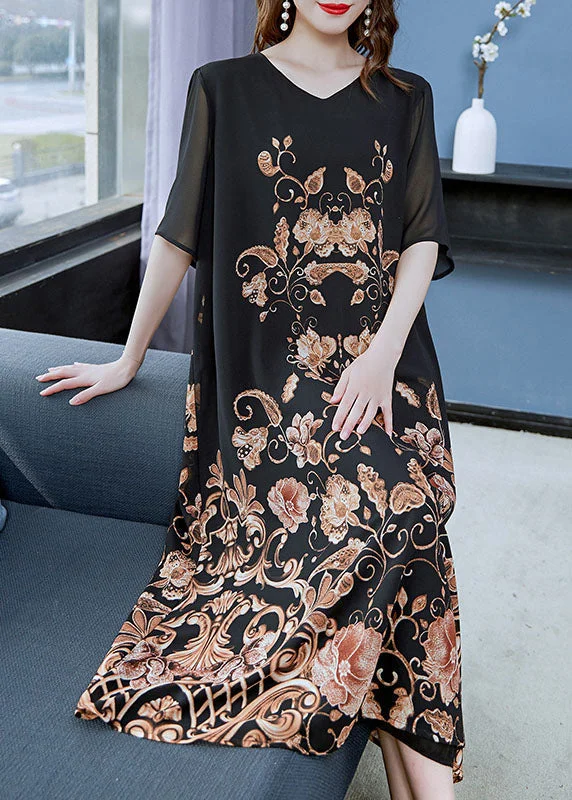 mini dressWomen Black Gold V Neck Print Patchwork Chiffon Dress Summer