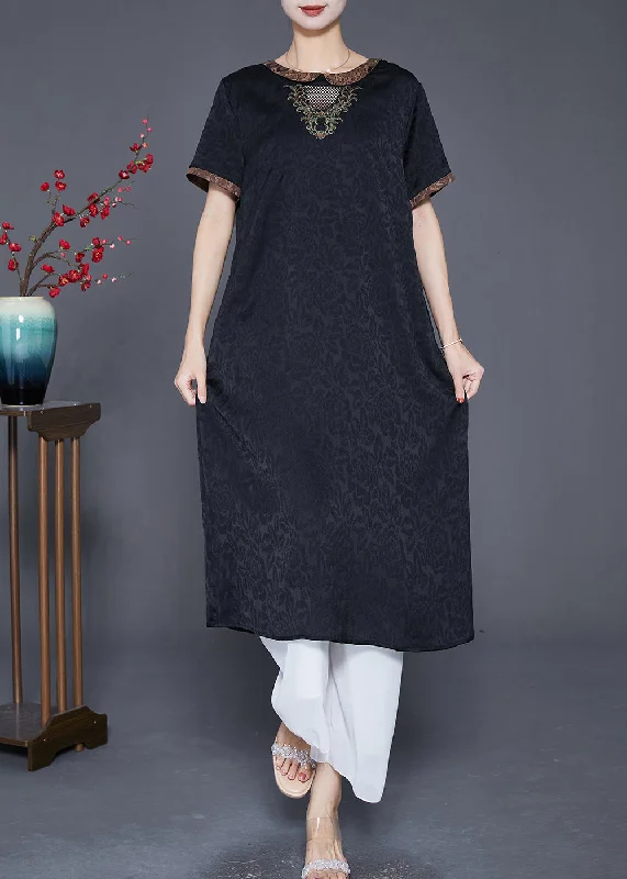 sleek dressFine Black Embroideried Hollow Out Silk Long Dresses Summer