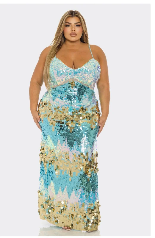 spaghetti strap dressTiffany Blue Multi Color Disc Sequin Maxi Dress