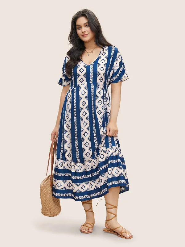 long sleeve dressBandana Print Patchwork Elastic Waist Dress