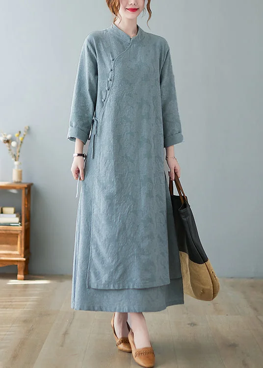 casual slip dressJacquard Sky Blue Stand Collar Button Lace Up Cotton Long Dresses Fall