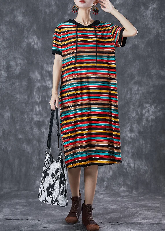 sleeveless dressDIY Rainbow Hooded Striped Chiffon Robe Dresses Summer