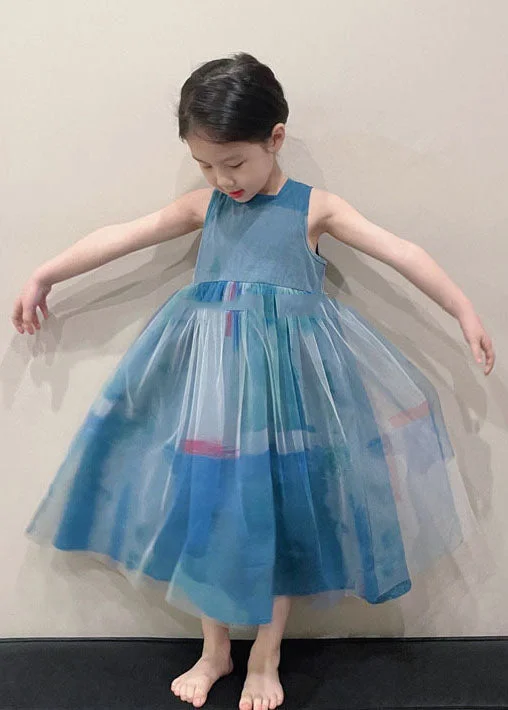 floral wrap dressArt Peacock Blue O Neck Wrinkled Patchwork Tulle Kids Girls Long Dress Sleeveless