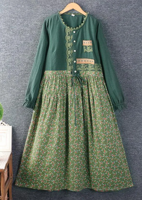 pleated dressNew Green Print Tie Waist Patchwork Cotton Dress Long Sleeve