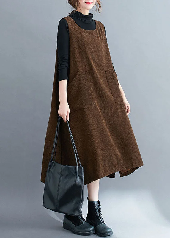 classic fit-and-flare dressHandmade Coffee Pockets Patchwork Corduroy Sweatshirts Dress Sleeveless