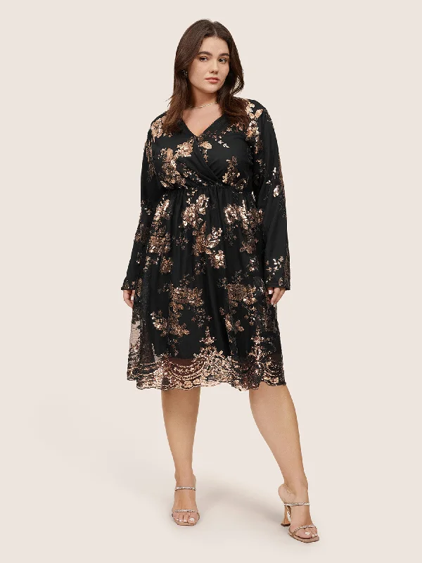 knit dressFloral Sequin Elastic Waist Mesh Wrap Dress