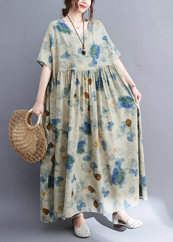 office dressNatural O-Neck Print Wrinkled Long Dress Summer