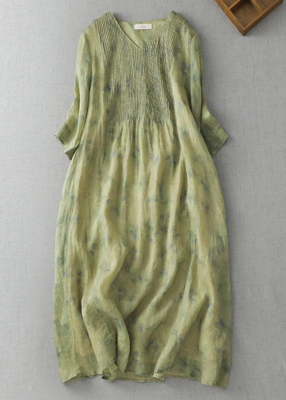 textured dressRetro Green V Neck Print Wrinkled Patchwork Linen Dress Summer