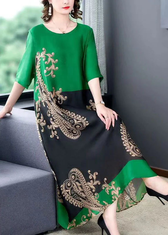 elegant shift dressOrganic Green O Neck Print Pockets Patchwork Silk Long Dresses Summer