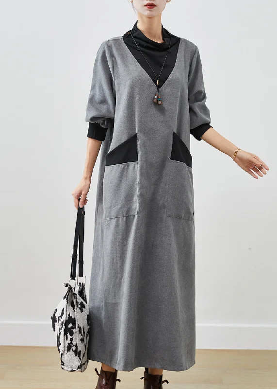 backless dressWomen Grey Turtle Neck Patchwork Cotton Long Dress Fall