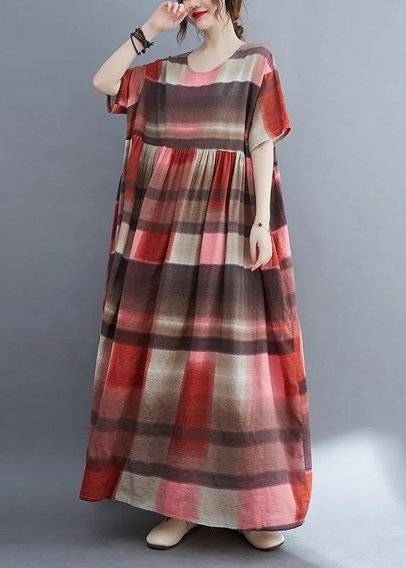 comfy maxi dressRed Plaid Wrinkled Long Dress Short Sleeve