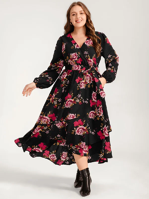 flowy evening dressFloral Ruffle Lantern Sleeve Pocket Belted Asymmetrical Hem Dress