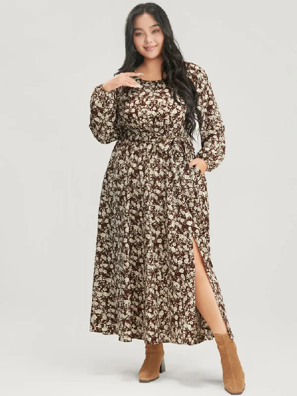 casual dressFloral Pocket Lantern Sleeve Belted Split Hem Dress