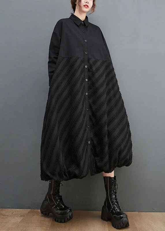 satin dressFashion Black Peter Pan Collar Striped Patchwork Button Long Shirts Dresses Long Sleeve