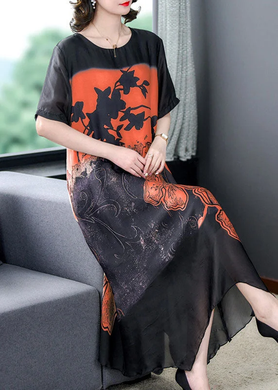 chic shift dressOrange Patchwork Silk Dresses O Neck Asymmetrical Design Summer