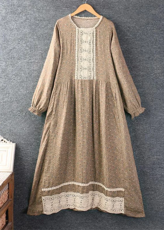 casual midi dressClassy Khaki O Neck Print Lace Patchwork Cotton Long Dress Spring