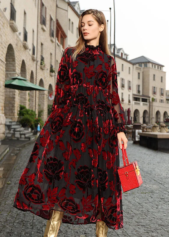 floral wrap dressBoho Mulberry Ruffled Patchwork Silk Velour Vacation Long Dresses Fall