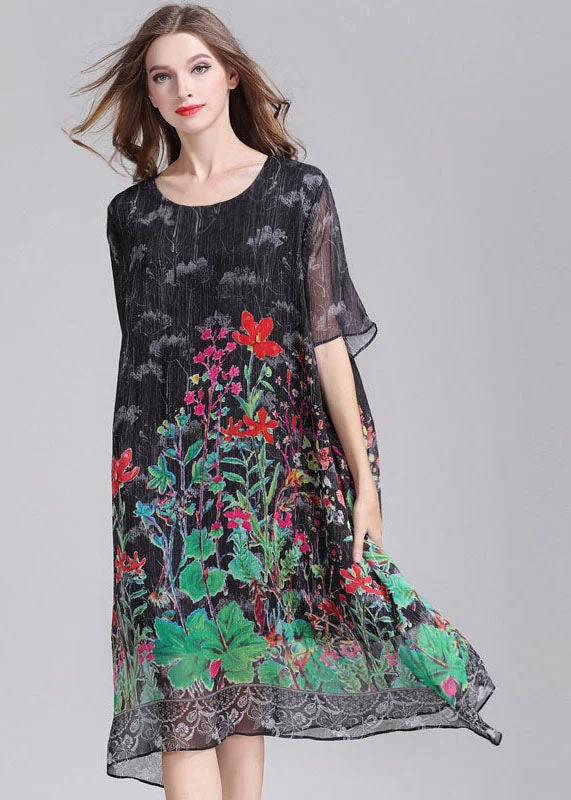 romantic dressItalian Green O Neck Print Patchwork Chiffon Mid Dress Summer