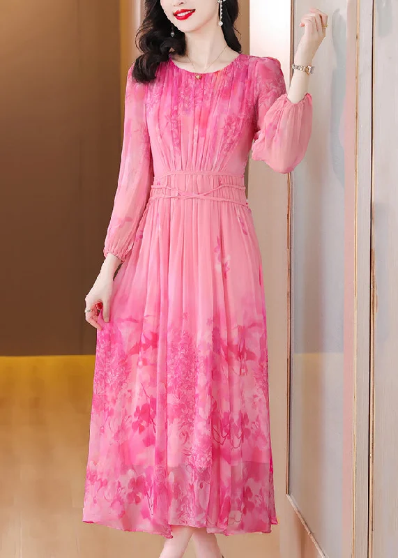 casual knit dressItalian Pink Print Tie Waist Chiffon Long Dress Long Sleeve