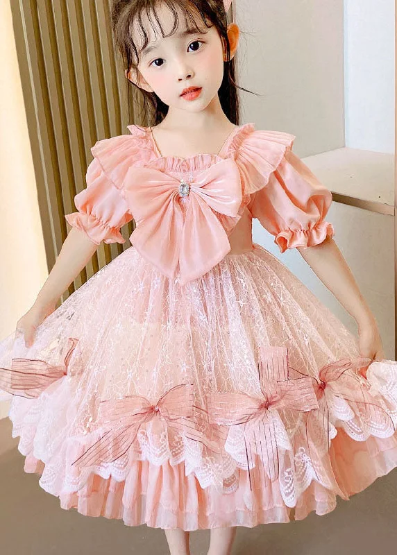 stylish dressBoutique Pink Ruffled Bow Patchwork Tulle Kids Girls Dress Summer