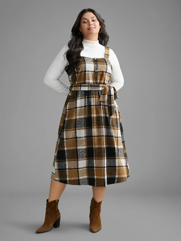 trendy wrap dressSquare Neck Plaid Button Detail Belted Dress