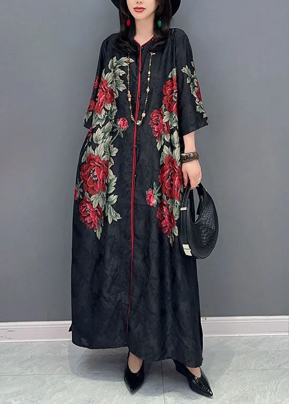 comfy dressBoutique Black V Neck Print Button Patchwork Silk Long Dress Summer