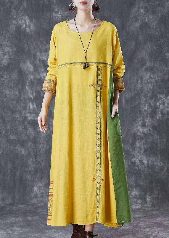 spaghetti strap dressModern Yellow Embroidered Patchwork Linen Maxi Dresses Spring