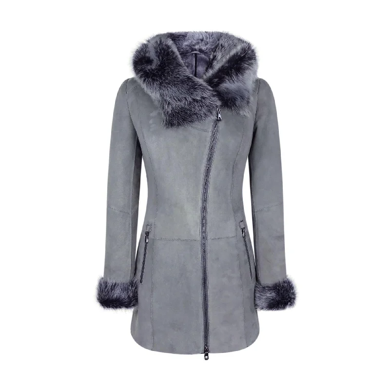 casual utility jacketGrey Ladies Long Suede Real Toscana Sheepskin Coat Zipped Hood Tailored Fit